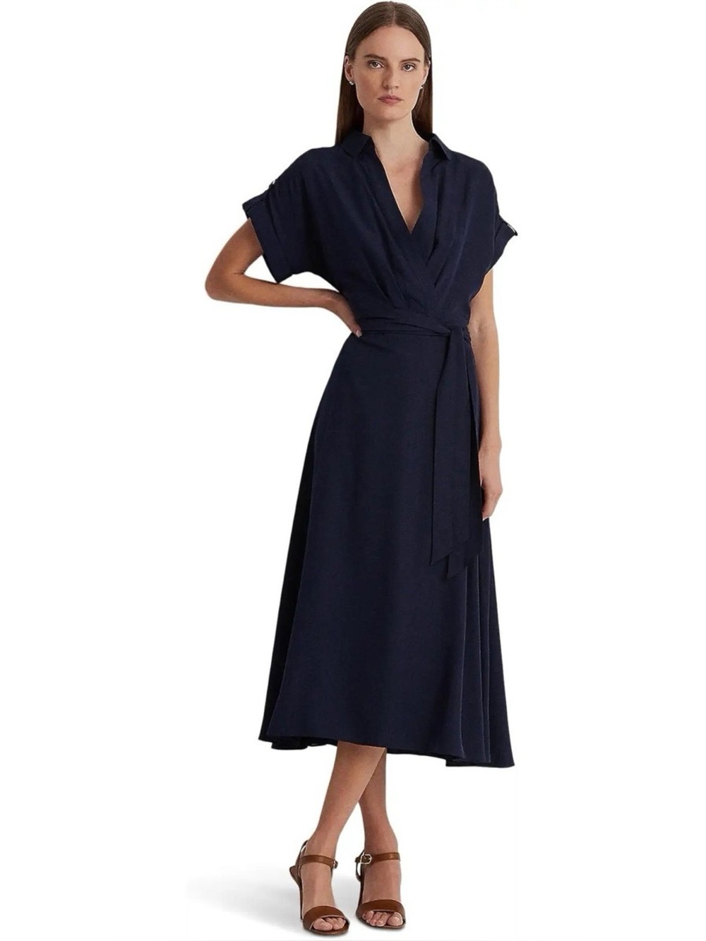 Lauren Ralph Lauren Belted Crepe Dress Women Size 14 Color Lighthouse Navy NEW!!